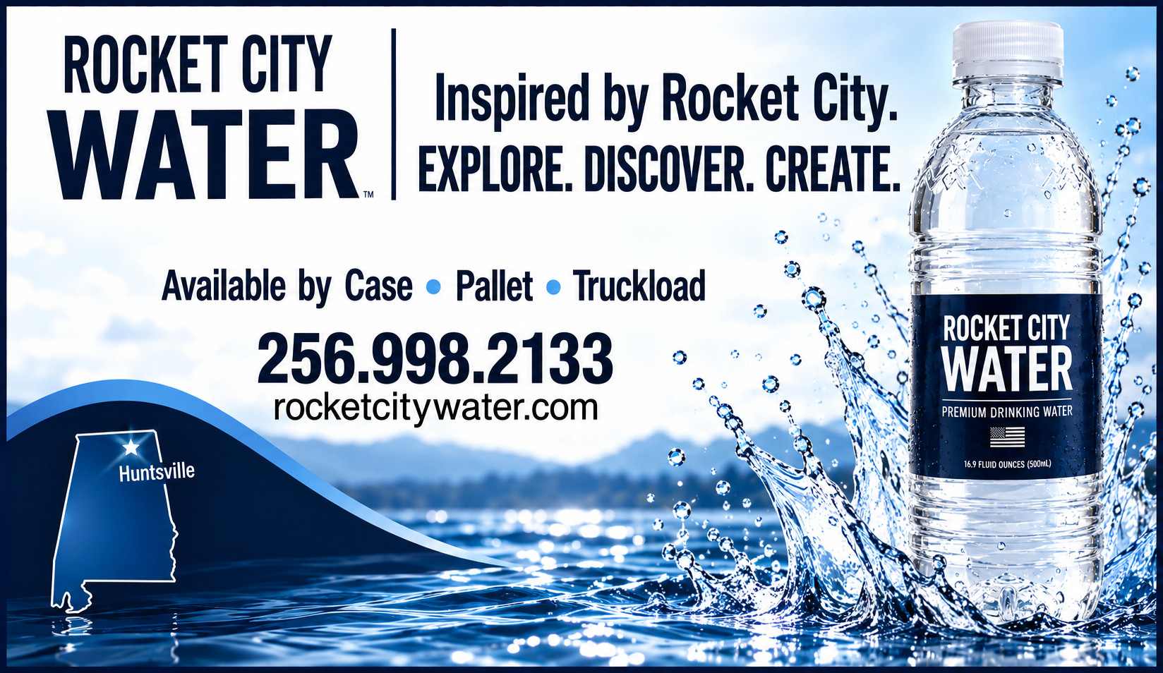 Rocket City Water premium bottled water bottle, available by case, pallet, or truckload